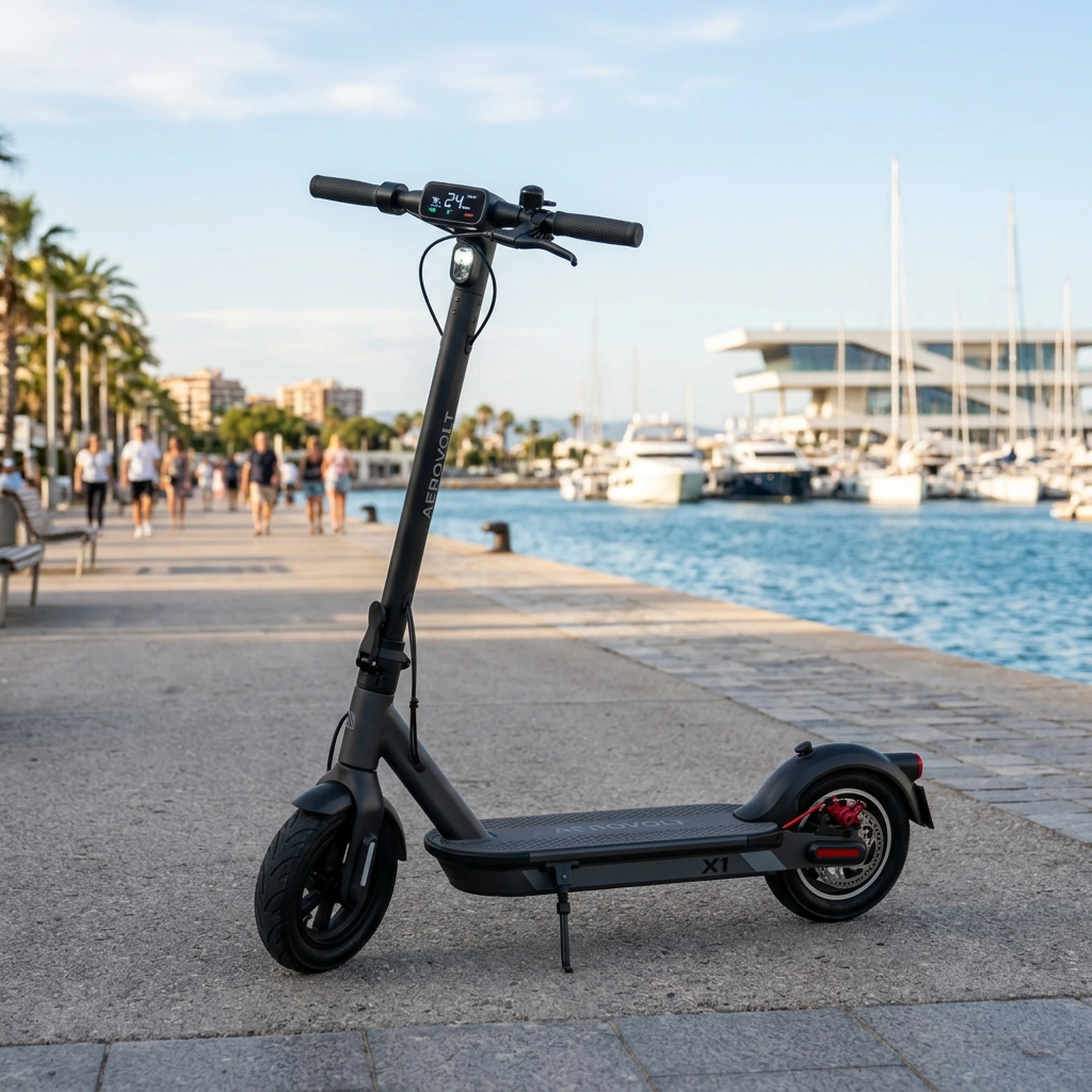 Patinete eléctrico moderno aparcado en el paseo marítimo de Valencia - Cobra Rental Bike