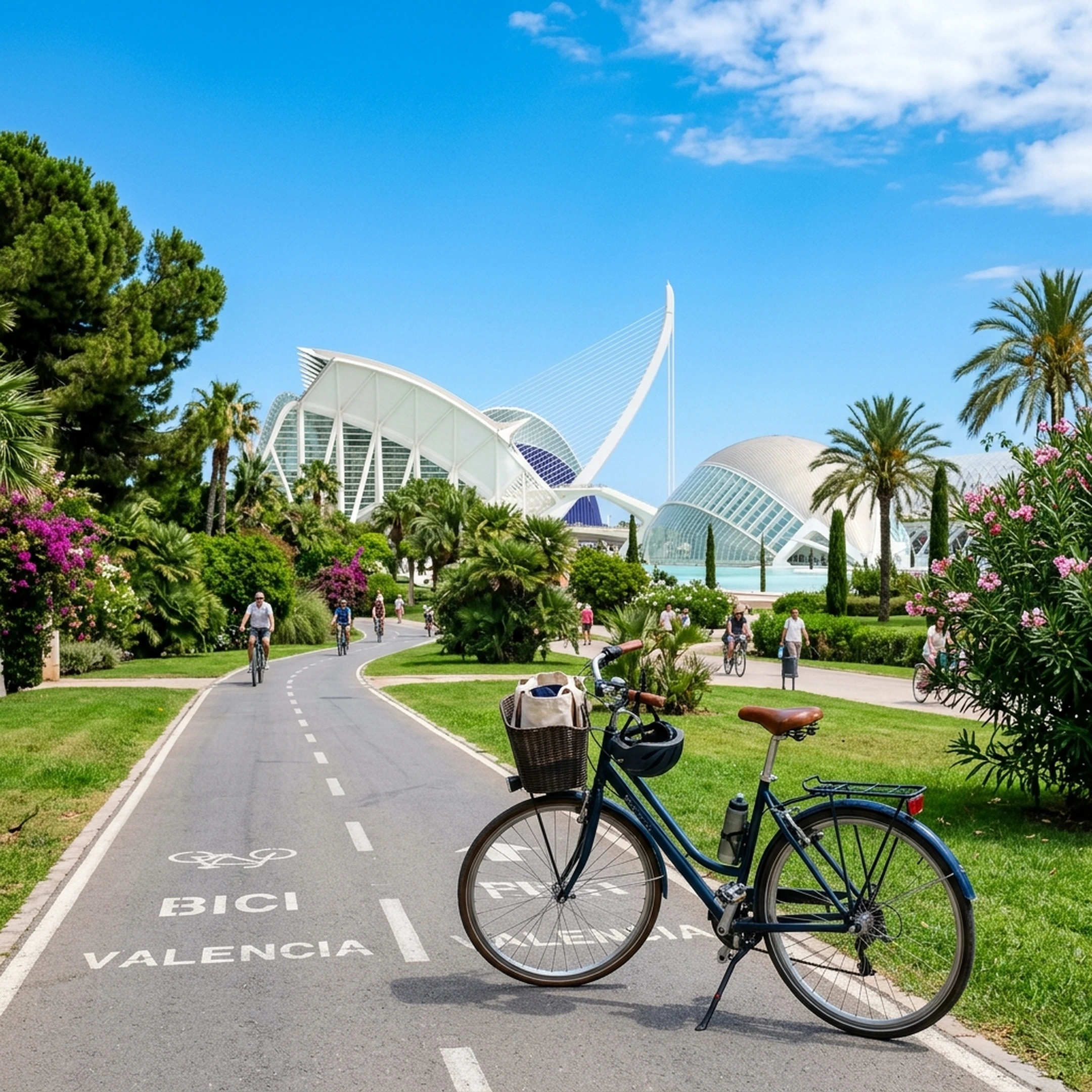 Cycling through Turia Gardens bike lane with the City of Arts and Sciences in Valencia - Cobra Rental Bike