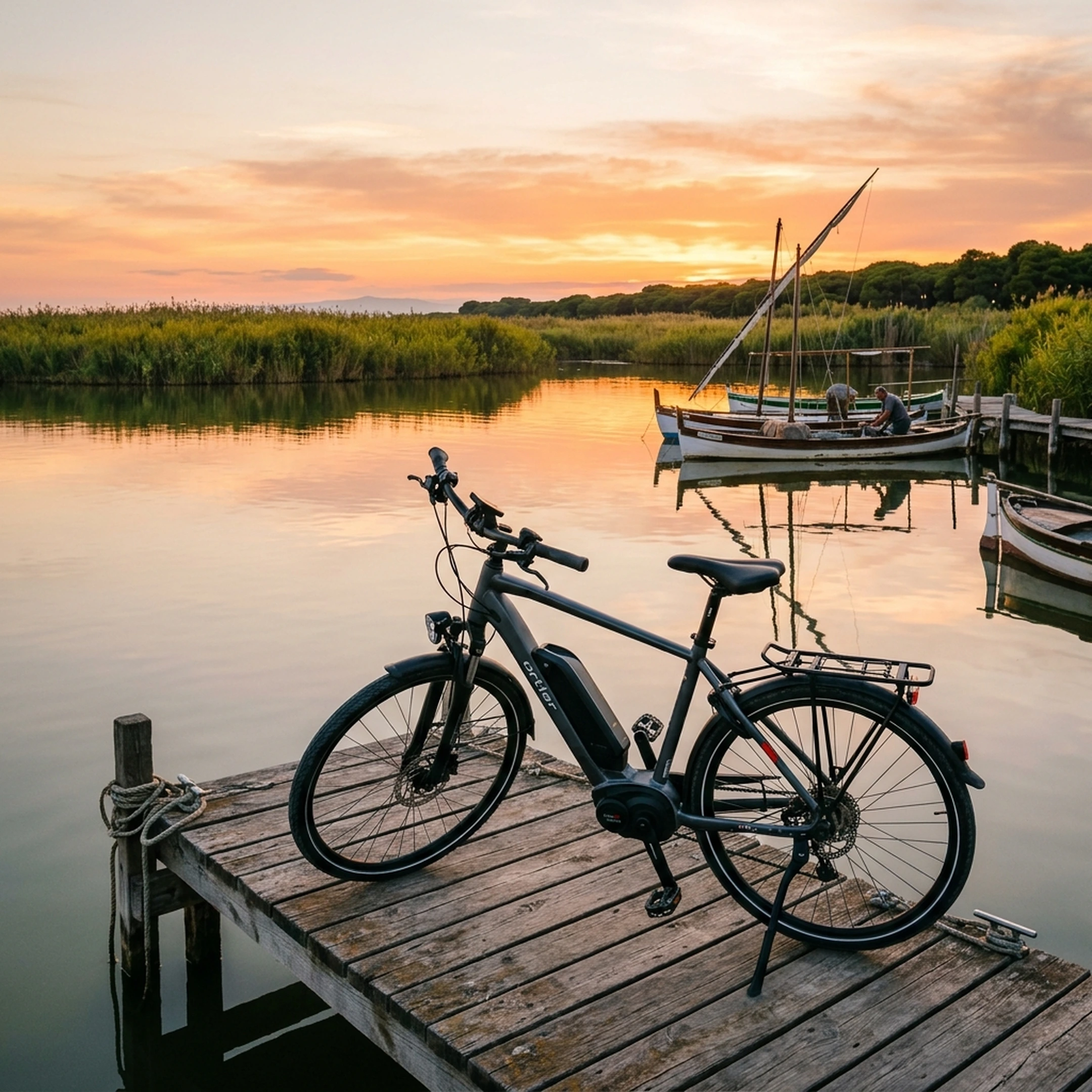 Ruta en bicicleta eléctrica por el embarcadero del lago de La Albufera y El Palmar al atardecer - Cobra Rental Bike