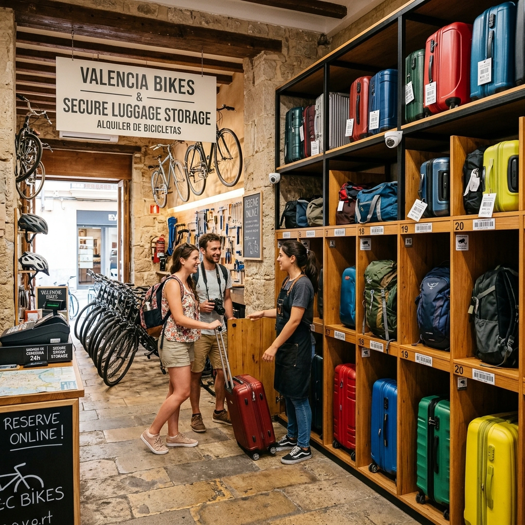 Consigna de equipaje y taquillas seguras para maletas en Cobra Rental Bike en el centro de Valencia